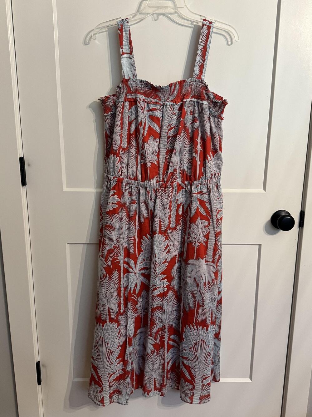 Talbots Dress Sz 14 Red Cotton Tropical Palm Smocked Fit & Flare Midi Sundress
